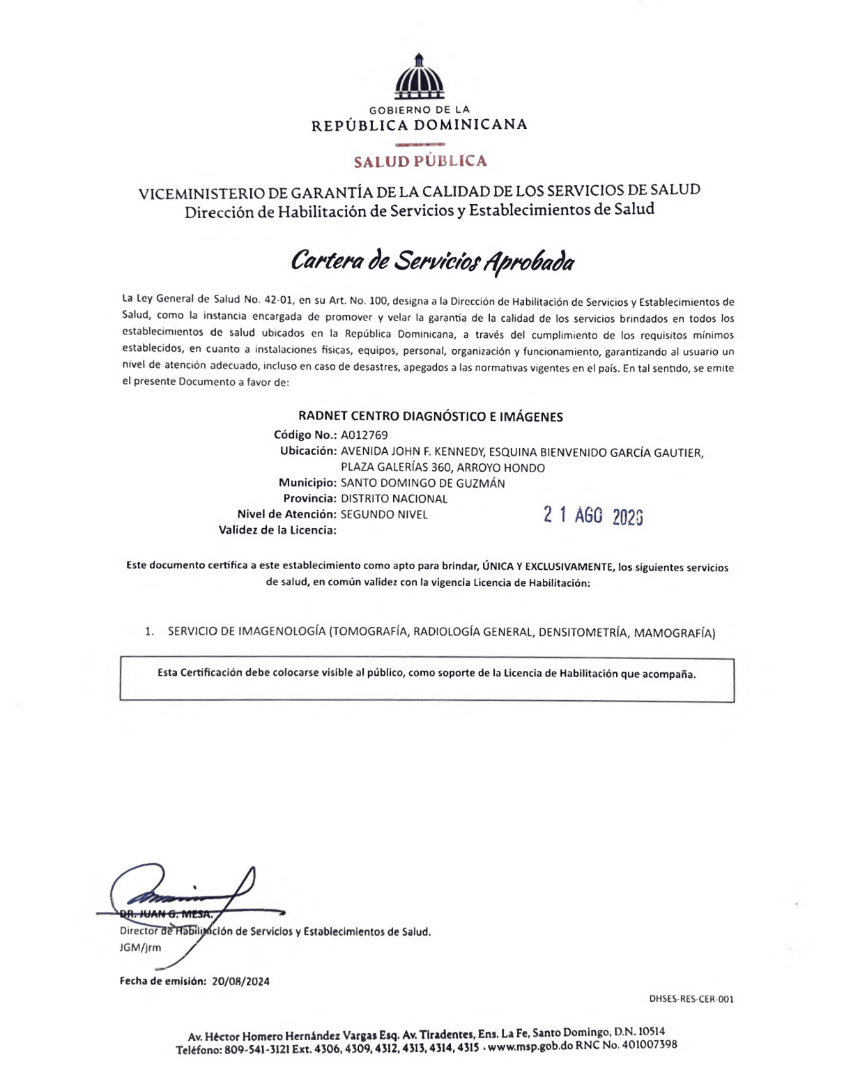 Acreditaciones RADNET - Cartera de servicios aprobada por Salud Pública