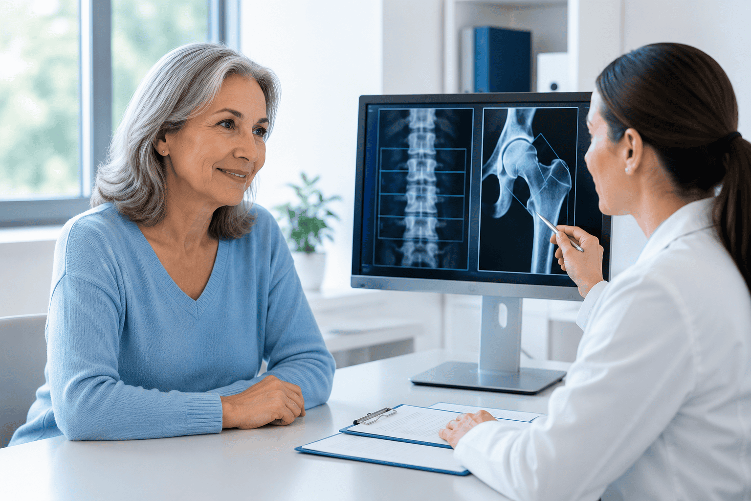 Paciente revisando resultados de densitometría ósea DEXA para diagnóstico de osteopenia y evaluación de salud ósea
